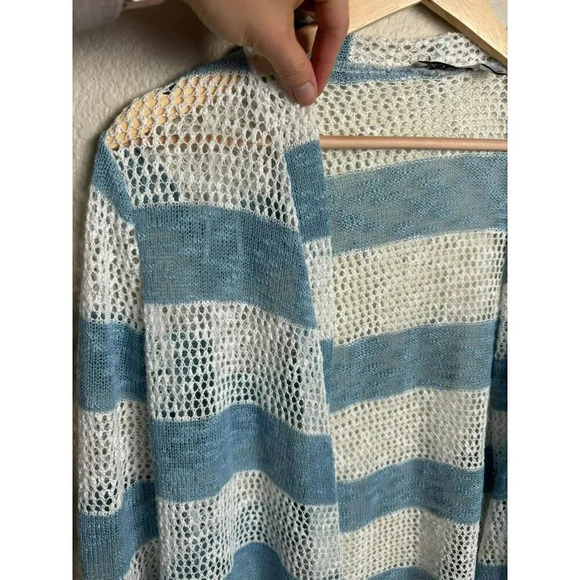 Retro Threads Open Knit Cardigan Size medium blue white striped crochet Boho - Picture 4 of 9